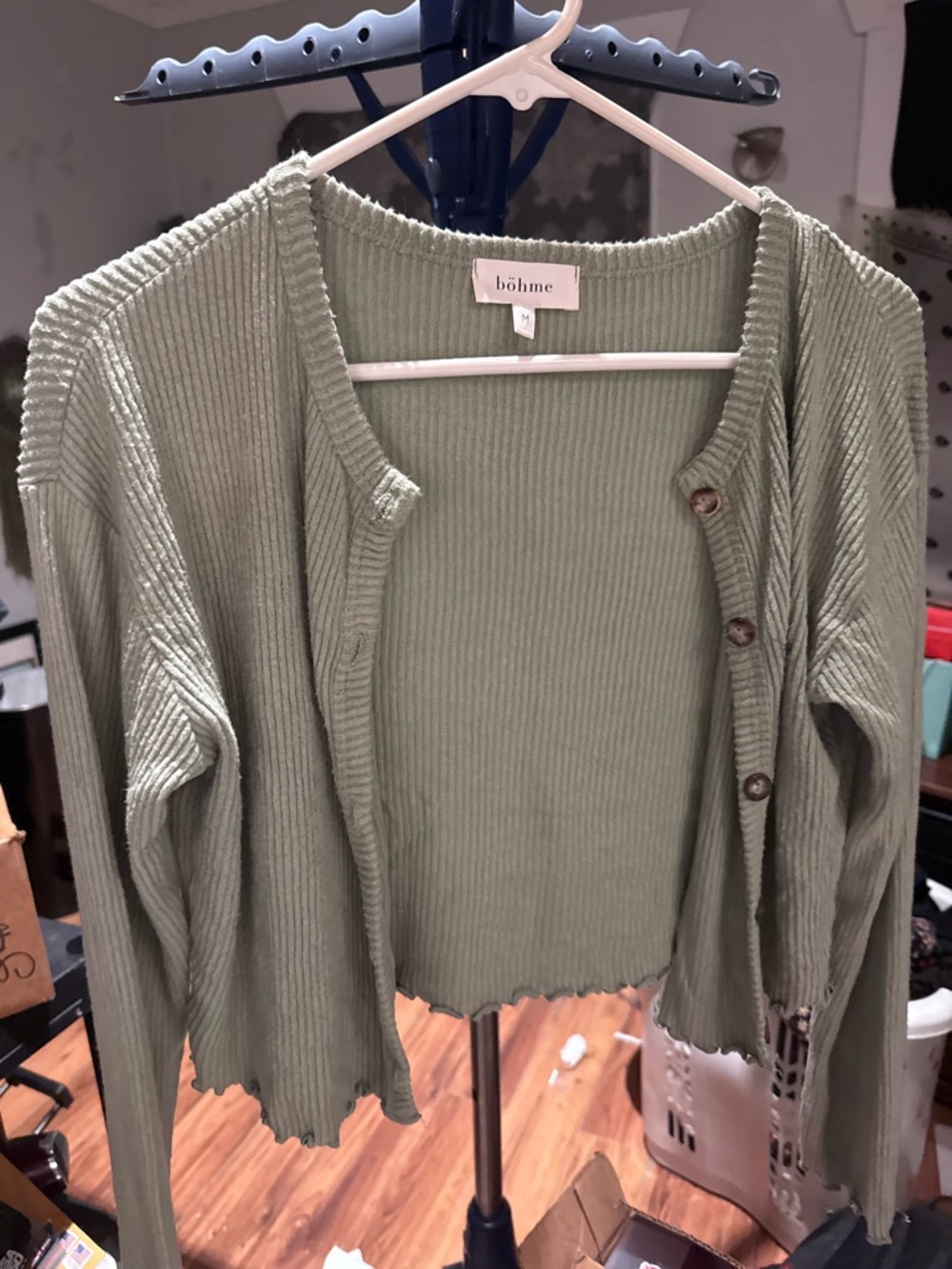 bohme Sage Green Ribbed Button-Front Women's Cardigan